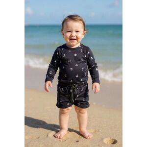 Nautical Kids Swim Trunks - DARK CHARCOAL and White